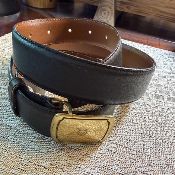 Christian Dior Black Leather Belt with Brass Buckle vintage 36/90